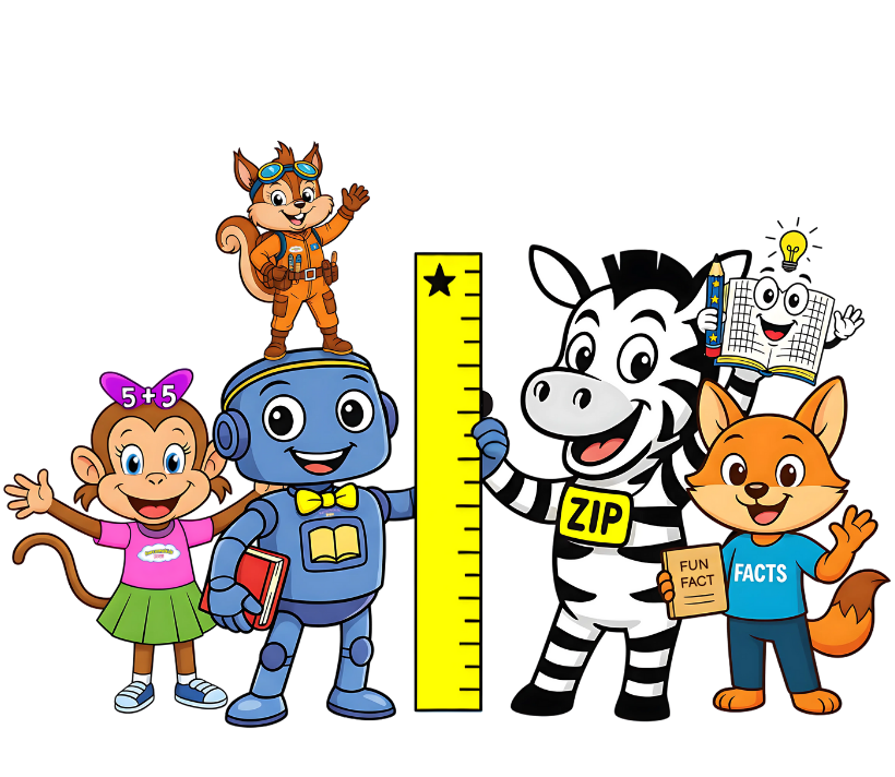 AwesomeKids Press characters Molly the math monkey, Sally the space squirrel, Info the librarian-robot, Zip the zebra, and Franco the fun facts fox (cartoon character AKP team image)
