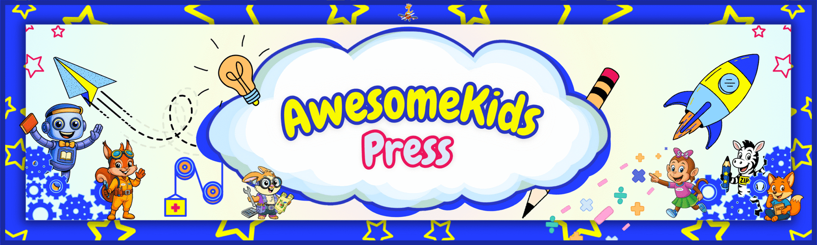 AwesomeKids Press (also known as Awesome Kids Press) banner cloud book logo with stars and AKP team characters, Zip the Zebra, Molly the Math Monkey, Franco the Fun Facts Fox, and Info the Librarian Robot
