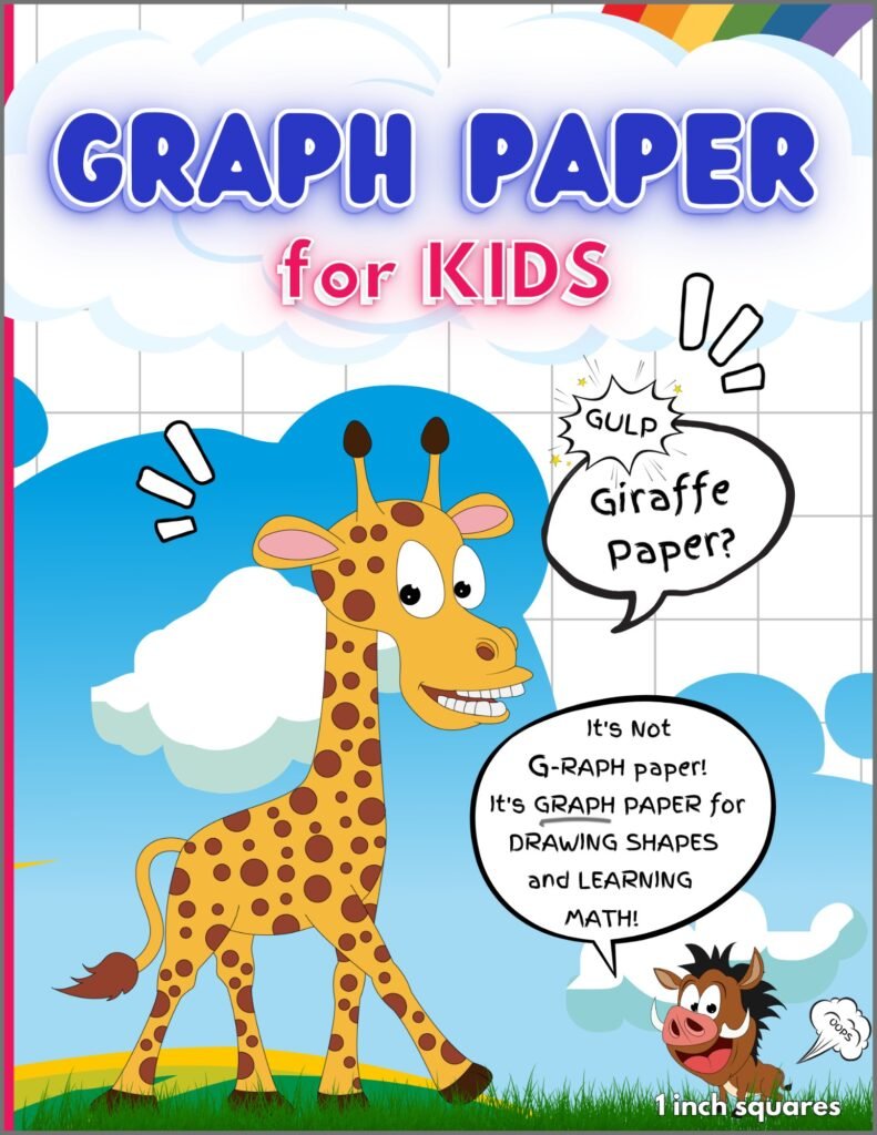 Graph paper for kids with fun surprises, one-inch squares, Grades PreK–1, PreK-1 math, cover shows a cartoon giraffe character and a funny warthog
