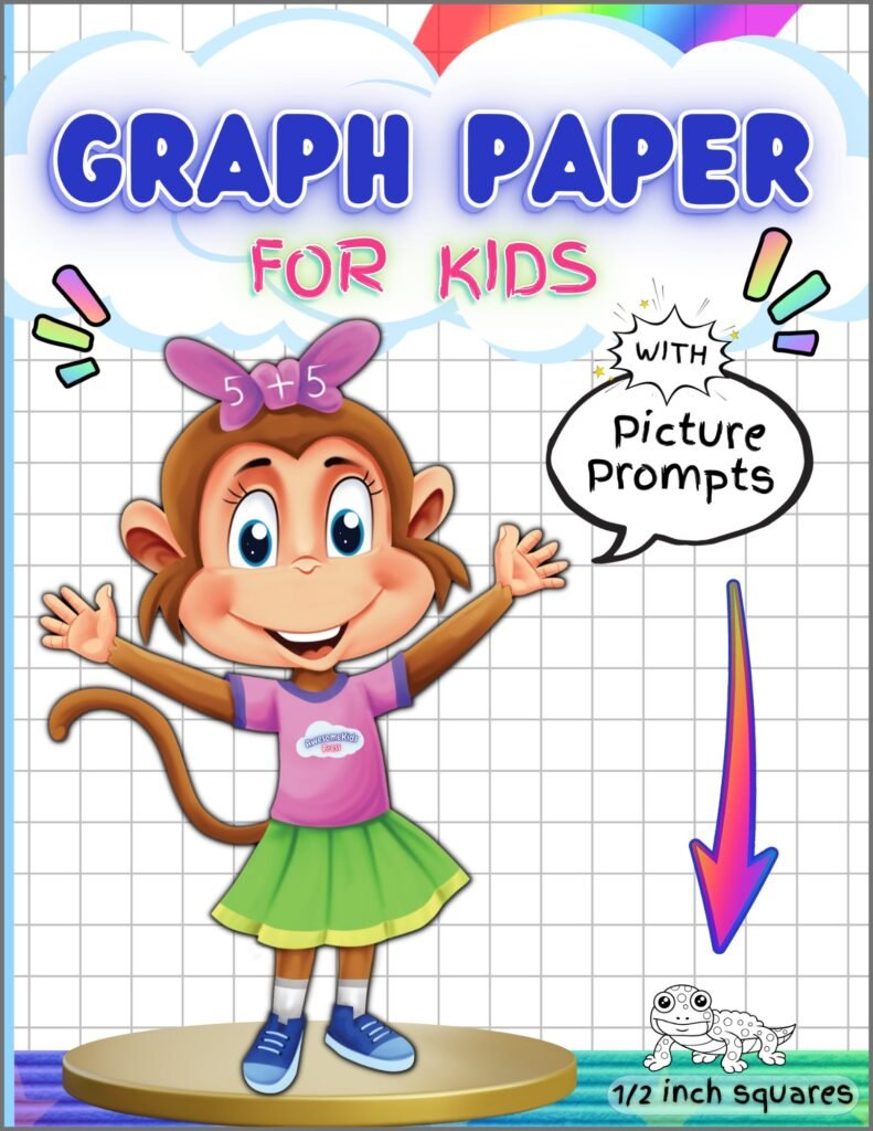 Graph paper for kids with picture prompts, half-inch squares, Grades K–3, K-3 math, cover shows a cartoon monkey character named Molly the math monkey