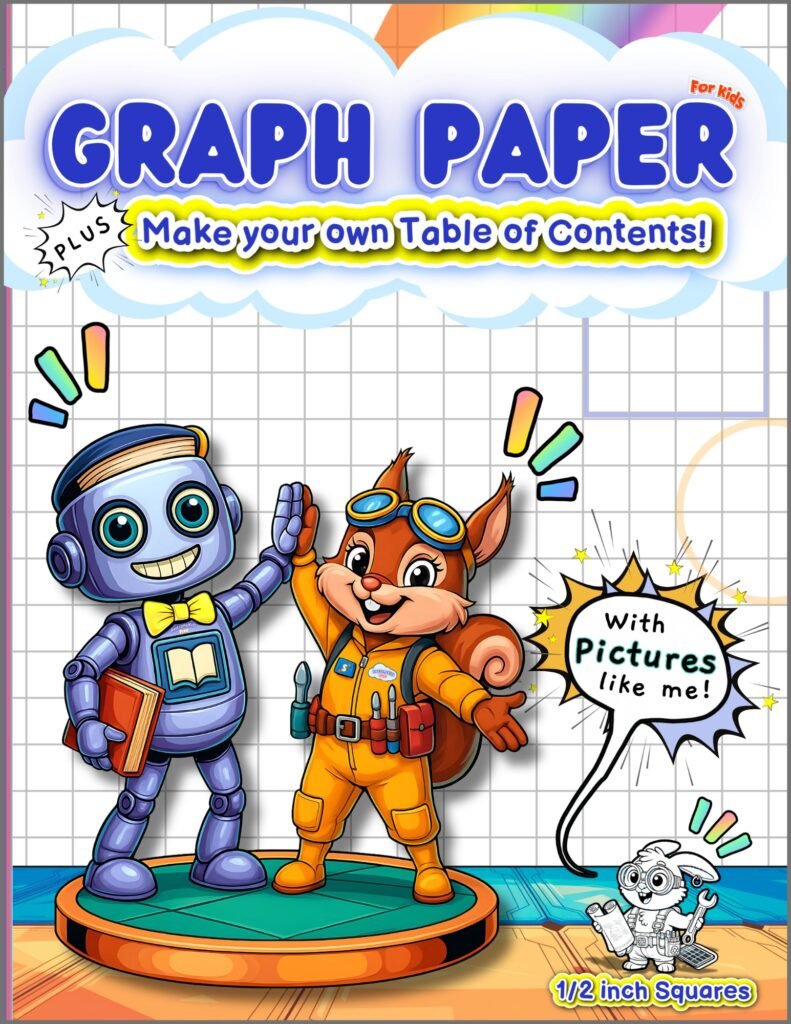 Graph paper for kids with pictures and a make-your-own table of contents, half-inch squares, Grades 2–4, grade 3 math workbook, cover shows robot named Info the librarian-robot, and Sally the space squirrel characters