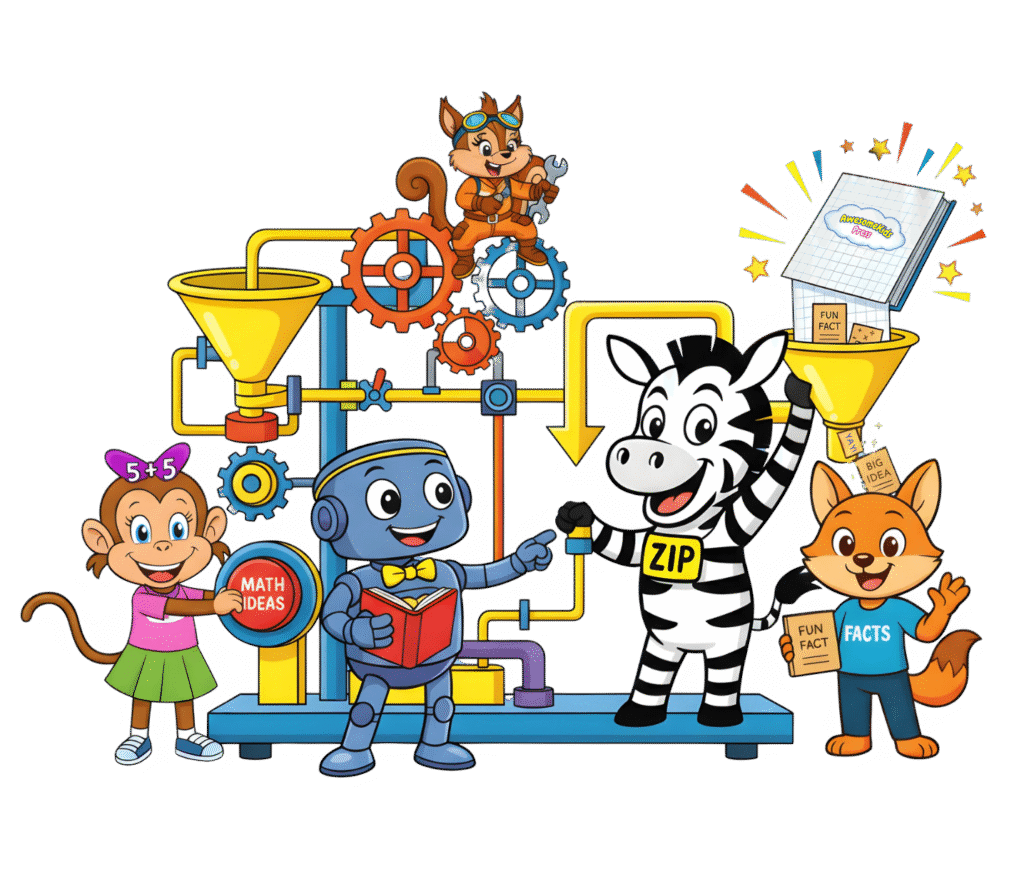 AwesomeKids Press characters Molly the Math Monkey, Sally the Space Squirrel, Info the Librarian Robot, Zip the Zebra, and Franco the Fun Facts Fox working together with fun inventions, AKP team image