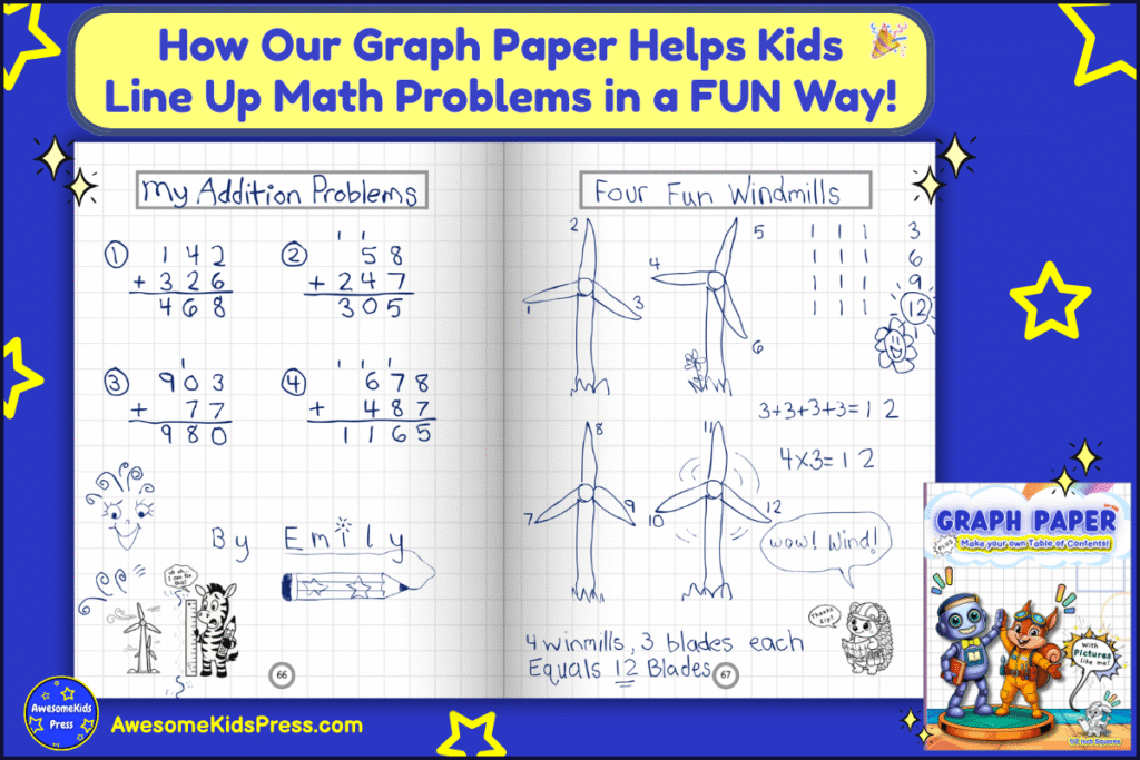 AwesomeKids Press Graph Paper for Kids workbook open to two sample pages: one showing addition problems lined up neatly, and one showing a child-created windmill counting activity. Demonstrates how kids can use graph paper to organize math and explore creative play.