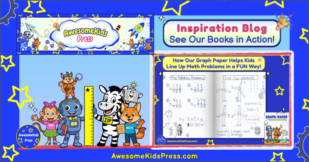 AwesomeKids Press Inspiration Blog banner featuring Molly the Math Monkey, Sally the Space Squirrel, Info the Librarian Robot, Zip the Zebra, and Franco the Fun Facts Fox with colorful stars and gears. On the right, an open Graph Paper for Kids workbook shows addition and windmill math pages under the heading “How Our Graph Paper Helps Kids Line Up Math Problems in a FUN Way!”