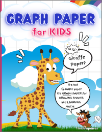 graph paper for kids, large square graph paper, 1-inch graph paper with fun, silly picture surprises, middle-of-the-book drawing activity, graph paper for beginners, grades PreK to 1, geometry and math for kids, graph paper activity book, 1x1 grid paper, graph paper workbook for kids. cover image giraffe and funny farting warthog