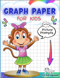 graph paper for kids, 1/2-inch graph paper with picture prompts, graph paper with illustrations, half-inch graph paper, half-inch graph paper with pictures, middle-of-the-book invention activity, graph paper for multiplication, graph paper activity book, STEM geometry and math for kids, 2x2 grid paper, graph paper workbook for kids.