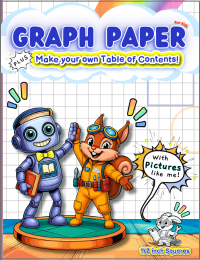graph paper for kids, 1/2-inch graph paper with pictures, half-inch graph paper, make your own table of contents, graph paper for multiplication, half-inch graph paper with pictures, graph paper activity book, middle-of-the-book invention activity, Search & Find, search and find activity, seek and find activity, STEM geometry and math for kids, 2x2 grid paper, graph paper workbook for kids.