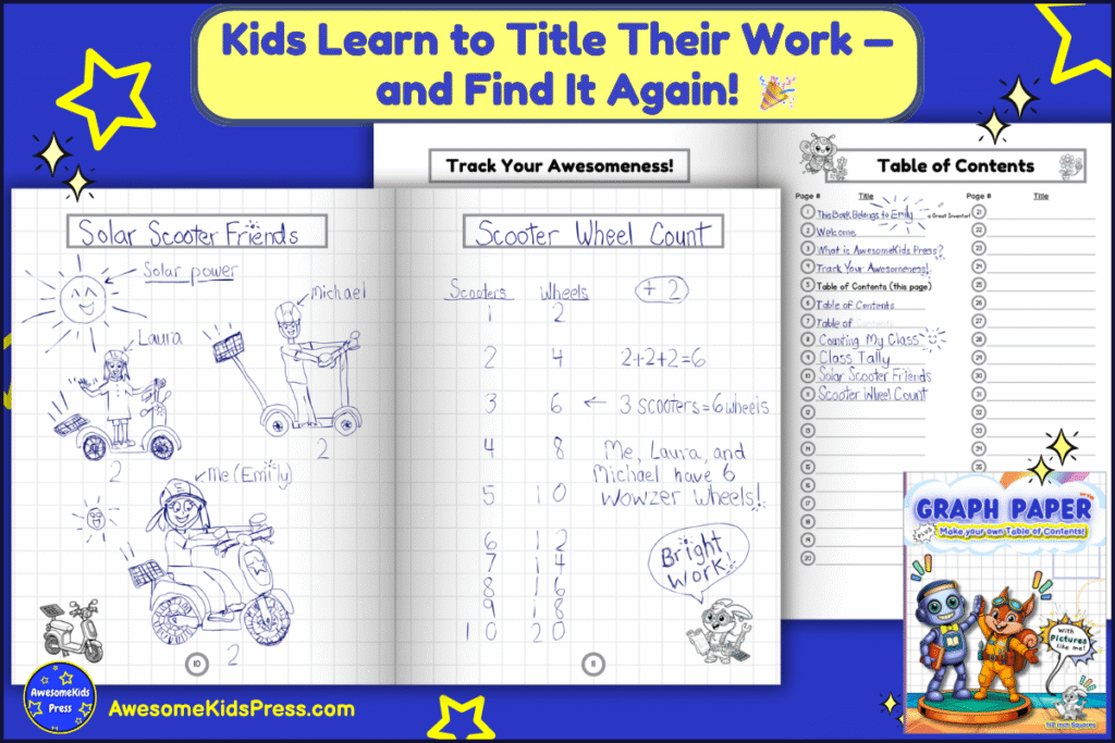 AwesomeKids Press Graph Paper for Kids workbook open to sample pages showing children’s titled work (“Solar Scooter Friends” and “Scooter Wheel Count”) with a filled Table of Contents on the right. Demonstrates how kids use title boxes and the table of contents (Table of Contents page also shown) to organize their learning and track progress.