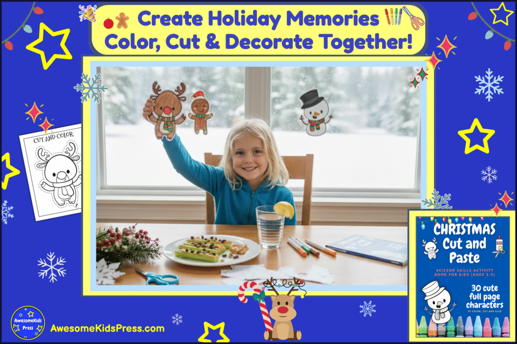 AwesomeKids Press holiday-themed Inspiration Blog image featuring the Christmas Cut and Paste Activity Book for Kids. A smiling child holds up a reindeer craft made from the Christmas activity book for kids while reindeer, gingerbread, and snowman cut-outs are taped to a snowy window. Scissors, markers, and a festive snack sit on the table. The banner reads “Create Holiday Memories — Color, Cut & Decorate Together!” surrounded by cheerful stars, snowflakes, and Christmas decorations in the brand’s bright blue and yellow design.