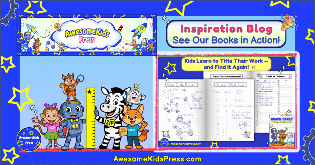 AwesomeKids Press Inspiration Blog banner featuring Molly the Math Monkey, Sally the Space Squirrel, Info the Librarian Robot, Zip the Zebra, and Franco the Fun Facts Fox surrounded by bright stars and gears. On the right, an open Graph Paper for Kids workbook shows titled pages “Solar Scooter Friends” and “Scooter Wheel Count,” along with a blank Table of Contents where kids can record their own page titles to track their learning and progress.