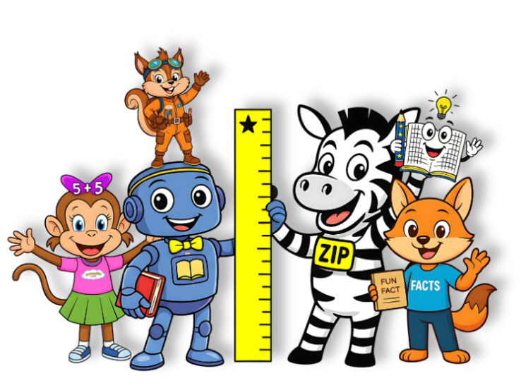 AwesomeKids Press (also known as Awesome Kids Press) team image with Molly the Math Monkey, Sally the Space Squirrel, Info the Librarian Robot, Zip the Zebra, and Franco the Fun Facts Fox.